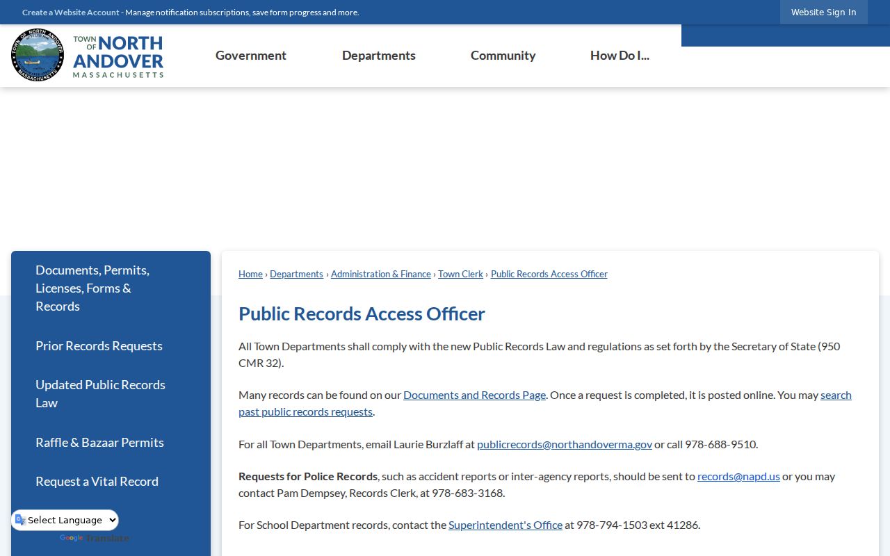North Andover residents directory public-records request channels