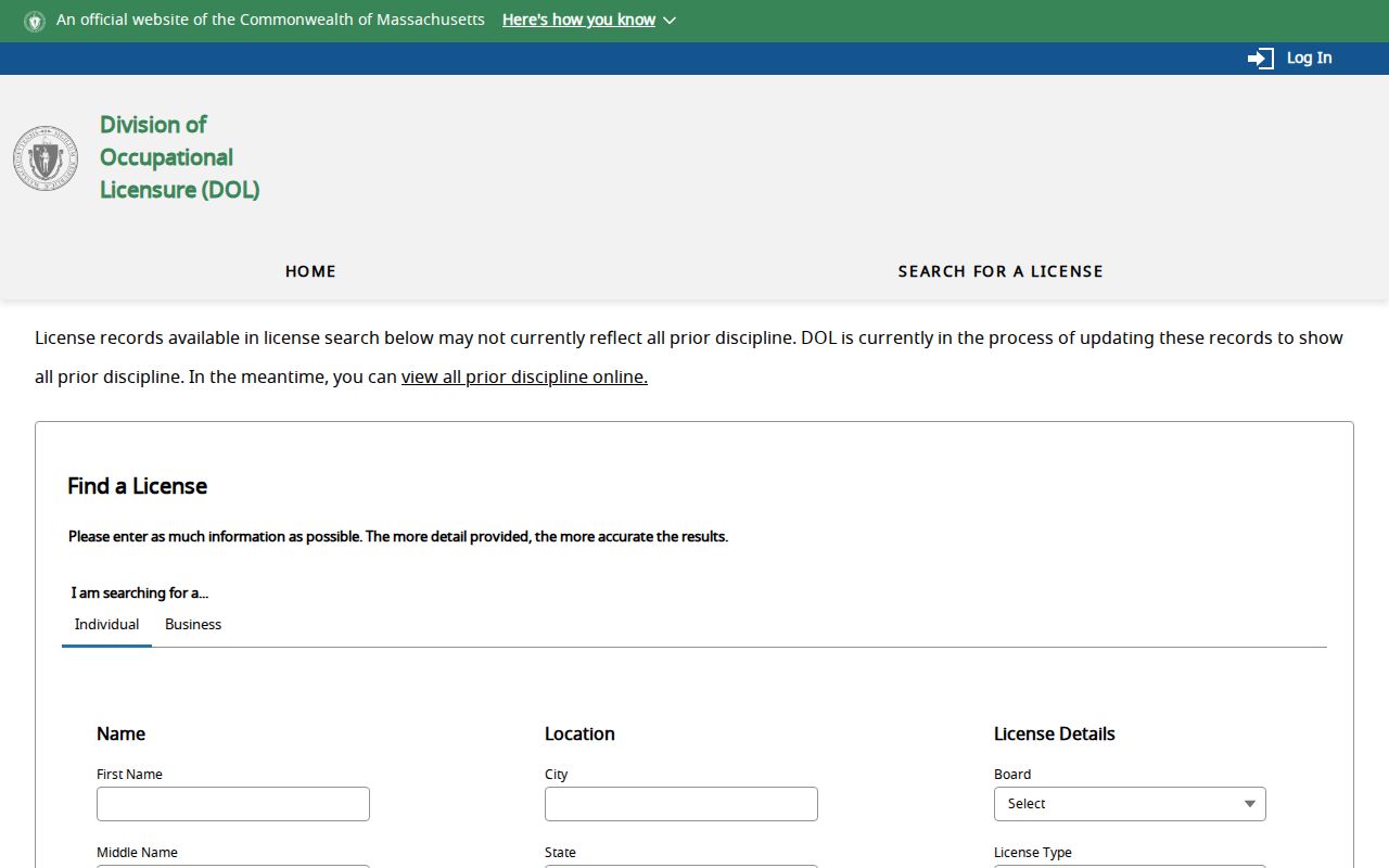 North Andover resident lookup reference for Massachusetts individual and business license search fields