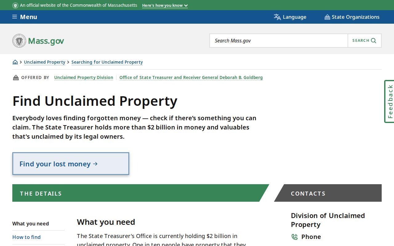 North Andover resident lookup reference for the Massachusetts unclaimed-property name and address search