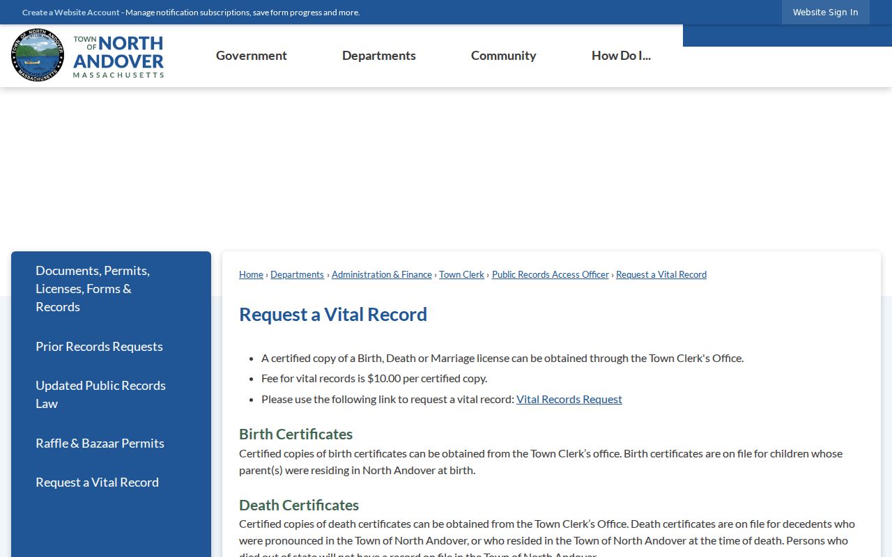 North Andover resident lookup reference for the town vital-record request page