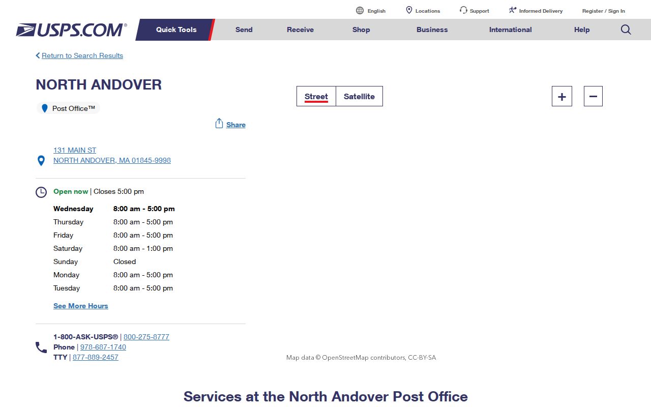 North Andover ZIP code directory reference showing the North Andover Post Office listing